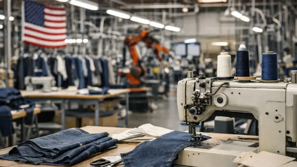 Industrial sewing machine stitching dark denim on a worktable in a garment factory.