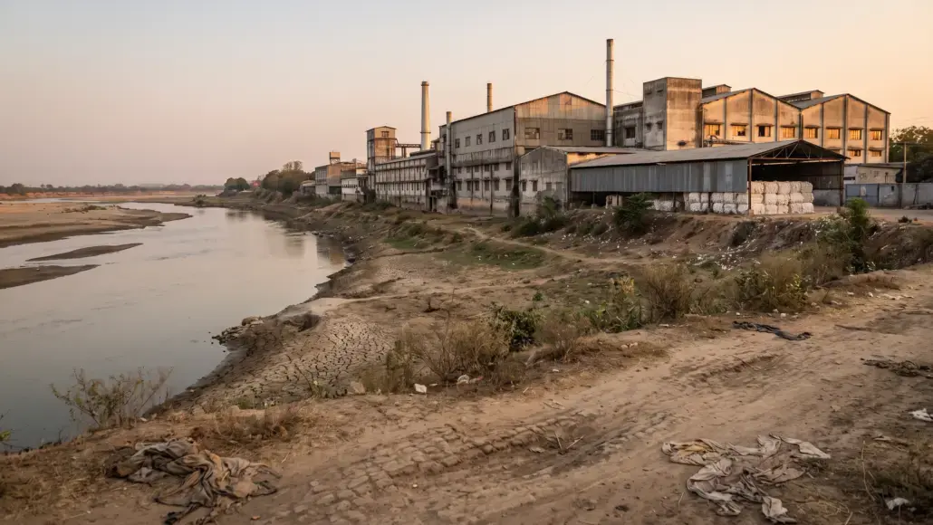 Industrial factory complex along a calm river at dusk, with a dry, cracked riverbank in the foreground and sparse vegetation.
