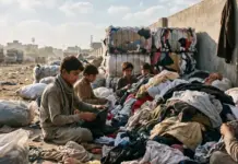 Europe’s Discarded Fashion, Pakistan’s Hidden Labour Crisis Young boys sit among piles of clothes, sorting donated garments at a dusty outdoor camp.