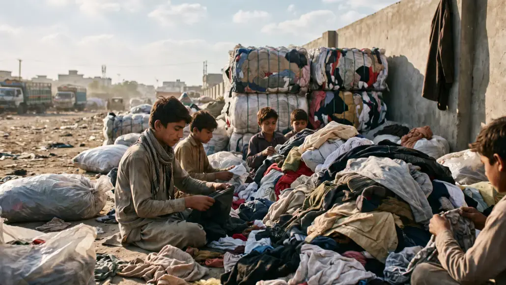 Young boys sit among piles of clothes, sorting donated garments at a dusty outdoor camp.
