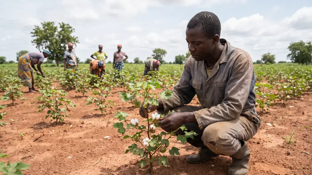Farmer kneeling in a field, inspecting a cotton plant while others work in the background under a cloudy sky.