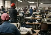 Kenya Seeks Broader Export Growth as AGOA Gets Extended A worker in a red hard hat stands with arms crossed, surveying rows of sewing machines in a busy garment factory.