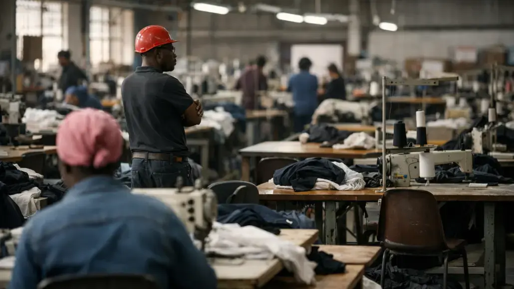 A worker in a red hard hat stands with arms crossed, surveying rows of sewing machines in a busy garment factory.