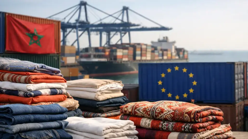 Stacks of folded blankets and textiles at a harbor, with shipping containers, cranes, and a cargo ship in the background; Moroccan flag visible on a container on the left.