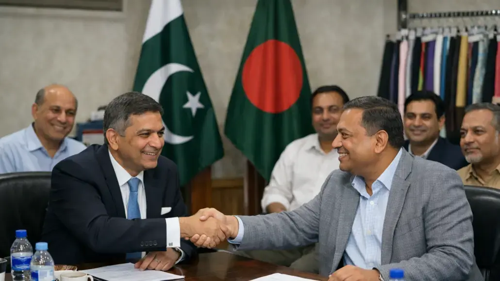 Two men in business attire shake hands across a conference table as colleagues smile in the background, with Pakistan and Bangladesh flags behind them.