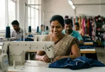 Sri Lanka Apparel Industry Faces Crisis Fatigue, Shifting Demand, and Rising Rivals Woman sewing blue fabric at an industrial sewing machine in a textile workshop, smiling at her work at the foreground.