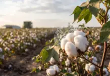 CottonConscience Uses Satellite Data and DNA Tagging to Transform Cotton Supply Chain Transparency Cotton plants in a field at sunset with ripe white cotton bolls ready for harvest, foreground branch in focus.