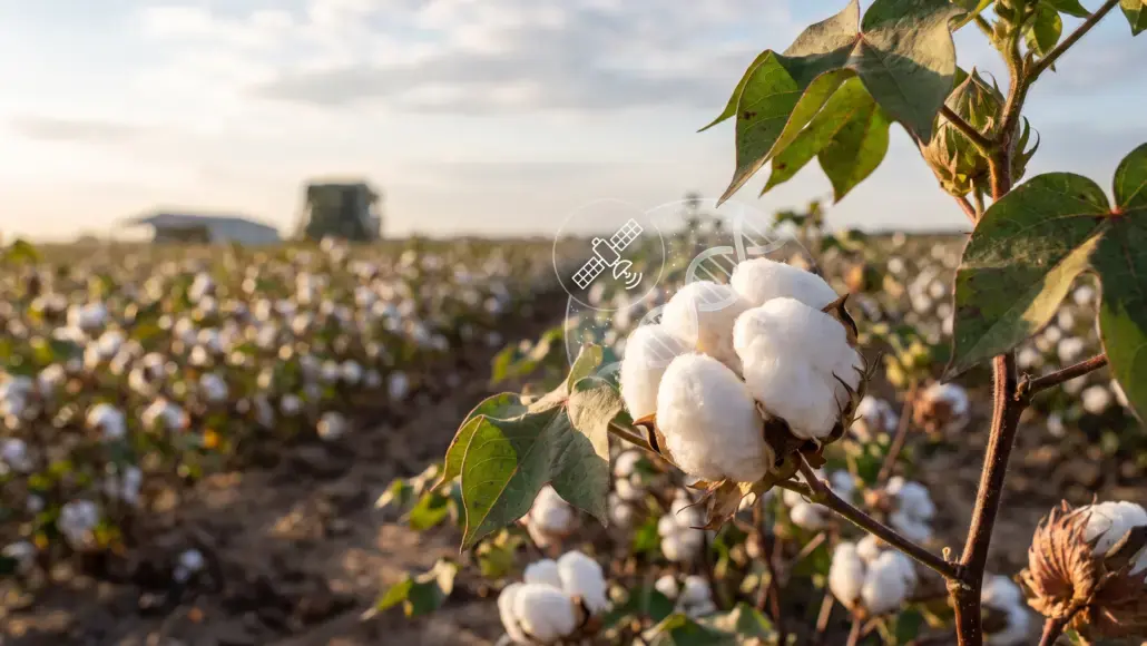 Cotton plants in a field at sunset with ripe white cotton bolls ready for harvest, foreground branch in focus.