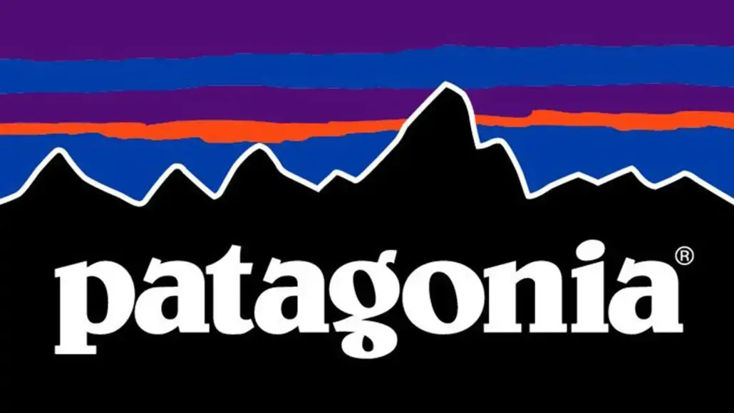 Patagonia logo: white lowercase wordmark over a black mountain silhouette with purple, blue, and orange bands above.
