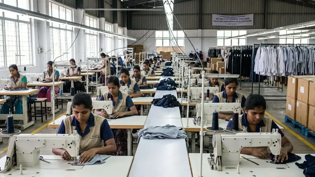 Row of sewing stations in a garment factory with workers sewing fabric pieces at their machines, racks of clothes along the sides.