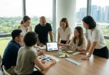 Singapore Fashion Council Launches Sustainability Tool for ASEAN Fashion Team of six colleagues around a wooden conference table in a bright office, reviewing charts on a tablet.