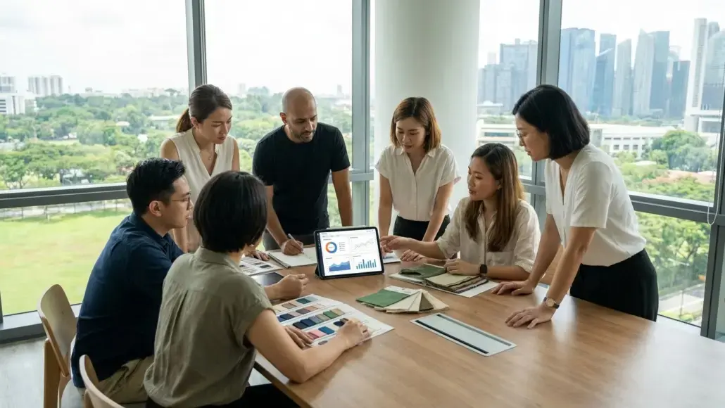 Team of six colleagues around a wooden conference table in a bright office, reviewing charts on a tablet.