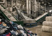 How Circ and Huafon Are Scaling Global Textile Recycling Industrial textile processing facility with conveyors moving fluffy fiber and a foreground pile of clothing.