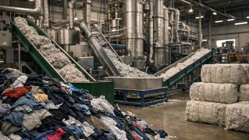 Industrial textile processing facility with conveyors moving fluffy fiber and a foreground pile of clothing.